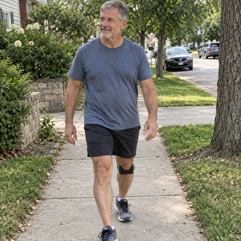 man about 60 walking on a sidewalk