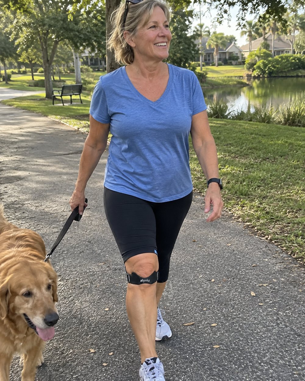 woman about 60 walking her dog in a park, wearing the strap