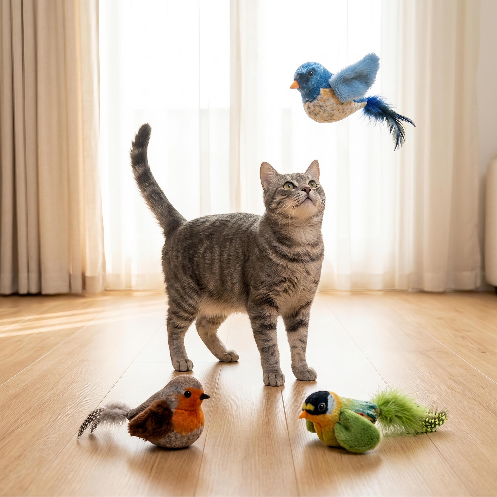 All three Wingmate birds with the cat